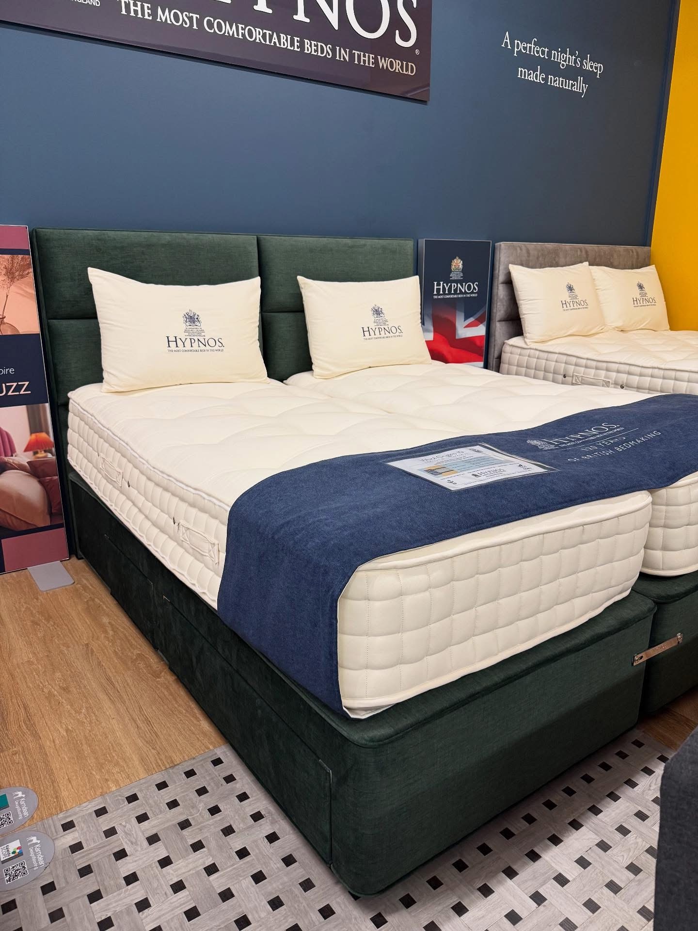 Hypnos Wool Origins Zip and Link with 2+2 continental base and Gabriella floor standing headboard in Tourmaline Green